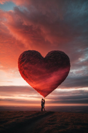 Love and valentine's day. Silhouette of woman with heart shaped balloonの素材