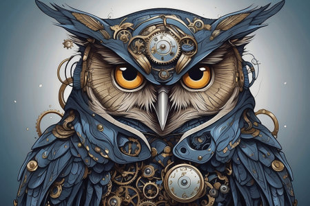 Owl with gears and cogwheels on a gray background.の素材