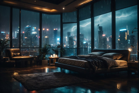 Luxury bedroom interior with night city view and big window.の素材