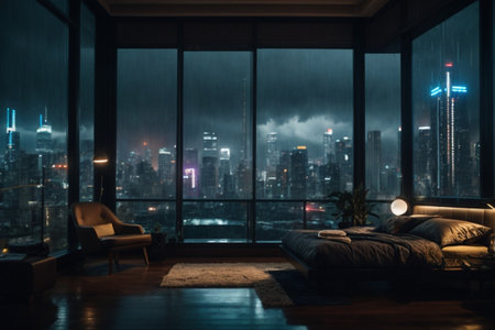 Luxury living room with big window overlooking the city at nightの素材