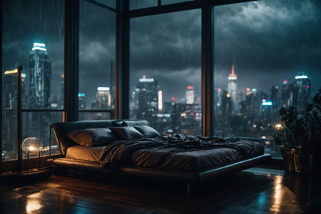 Double bed in the bedroom at night with a view of the cityの素材