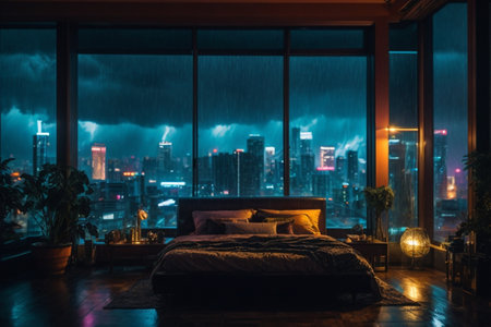 Luxury bedroom in the night with a view of the cityの素材