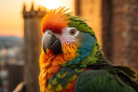 Colorful macaw parrot in the park at sunset, close upの素材