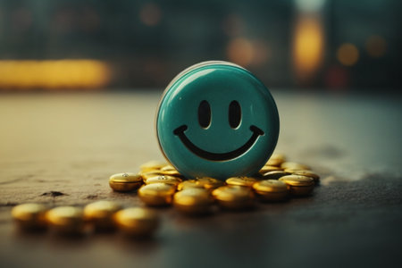 Smiley face on a pile of gold coins. Business and finance concept.の素材
