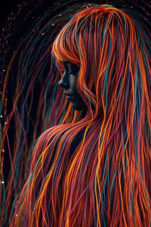 Close up portrait of a girl with multicolored hair on a black backgroundの素材