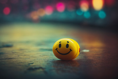 Smiling emoticon on a wooden table with colorful bokeh backgroundの素材