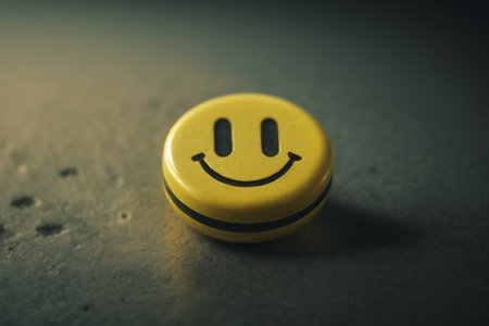 Smiley face on a yellow plastic toy. Selective focus.の素材