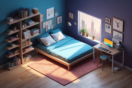 Interior of modern bedroom with blue walls, wooden floor, comfortable king size bed with blue lines and personal computer. 3d renderの素材