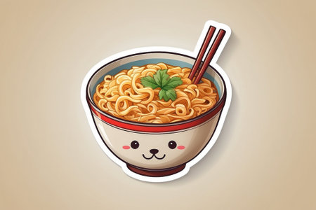 Illustration of a bowl of instant noodle with a cute faceの素材