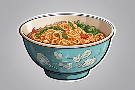 Illustration of a bowl of noodles with chili and parsleyの素材