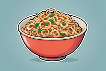 Illustration of a bowl of noodle on a blue background.の素材