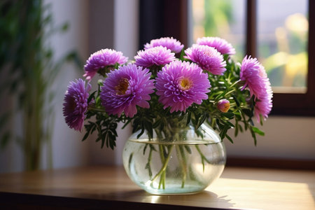 Purple chrysanthemums in a vase on the windowsillの素材