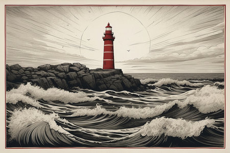 Lighthouse in the sea. Vintage style. Vector illustration, eps10の素材