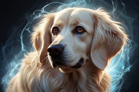 Golden retriever dog with smoke coming out of the eyes on black backgroundの素材