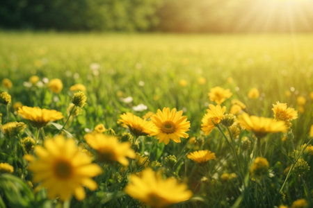 Sunny meadow with yellow daisies. Nature background.の素材