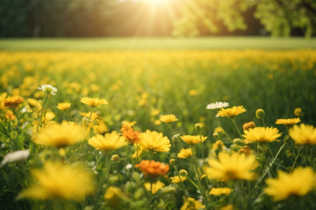 Field of yellow daisies and sun in the morning. Selective focus.の素材