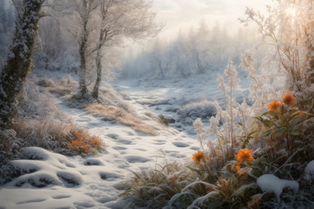 Frosty winter morning in the forest. Beautiful winter landscape.の素材