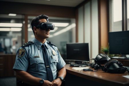 Young Indian police officer wearing virtual reality headset while standing in officeの素材