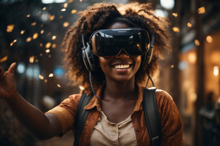 Cheerful african american woman listening to music with headphones while walking in the cityの素材