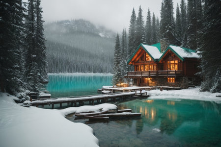 Beautiful winter landscape with mountain lake and wooden house in the forestの素材
