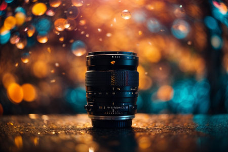 Camera lens with bokeh background. Selective focus and shallow depth of fieldの素材