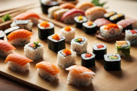 Sushi set on wooden board, closeup. Traditional Japanese foodの素材