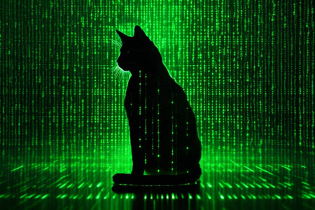 Black cat silhouette on a green background with a binary code. The concept of cyber security.の素材