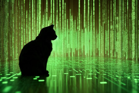 Silhouette of a cat on a green background with binary codeの素材