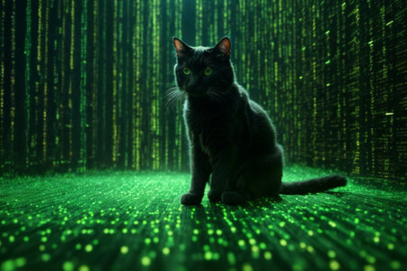 Black cat sitting on the floor in front of green binary code.の素材