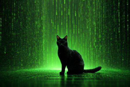 Black cat sitting in front of a green background with binary code.の素材