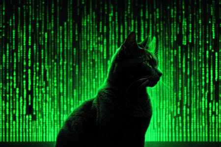 Cat on the background of a binary code. Portrait of a cat on a green background.の素材