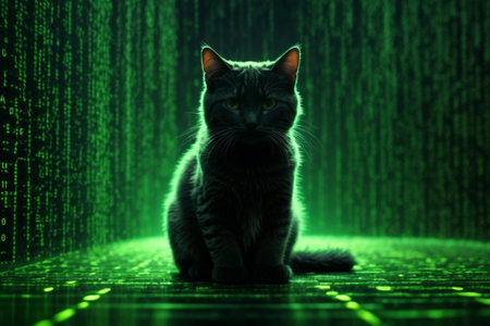 Portrait of a black cat sitting on a green matrix background.の素材