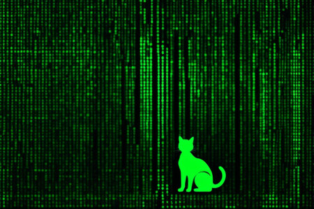 abstract green background with cat and binary code, vector illustration.の素材