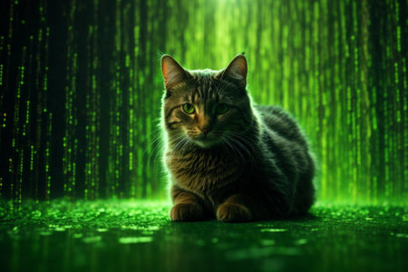 Cute cat with green eyes sitting in front of a glowing green backgroundの素材