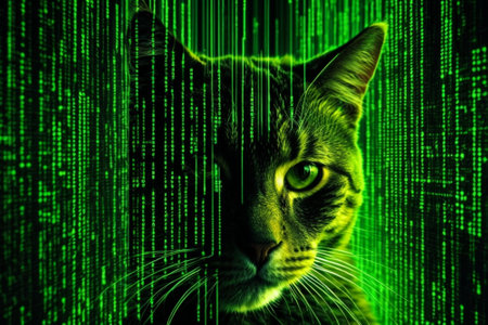 Portrait of a cat with green binary code on the background.の素材