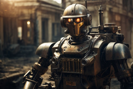 Steampunk robot on the background of the old city. Steampunkの素材