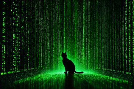 Black cat on a green binary code background. The concept of hacking and malware.の素材