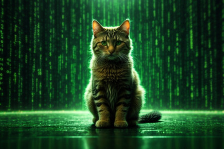 Cute cat sitting on dark background with binary code. The concept of digital technologies.の素材