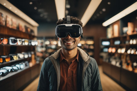 Portrait of smiling young man wearing virtual reality headset in shopping mallの素材