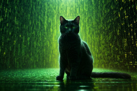 Black cat sitting in dark room with green lights and binary code.の素材