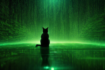 Silhouette of a cat in front of a green matrix backgroundの素材