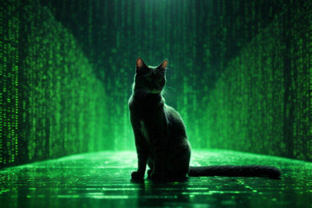 Black cat sitting on the floor in front of binary code background.の素材