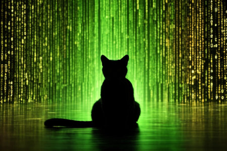 Silhouette of a cat on a green background with binary codeの素材