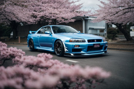 Cherry blossoms and a blue sports car in full bloom.の素材