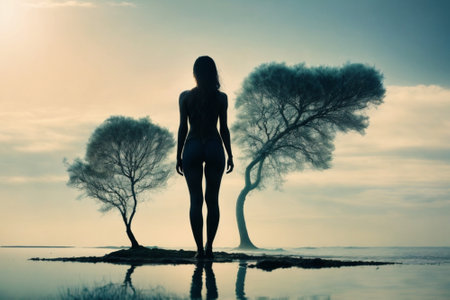 Silhouette of a beautiful young woman in swimsuit standing on a small island with a tree in the backgroundの素材