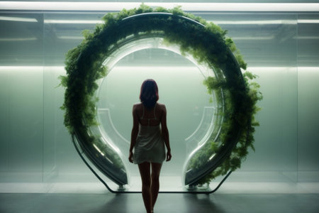 Woman looking at a green plant inside a futuristic building. 3d renderingの素材