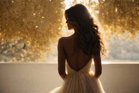 Back view of beautiful young woman in white wedding dress looking out the windowの素材