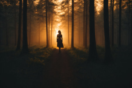 Silhouette of a woman walking in a foggy forest at duskの素材