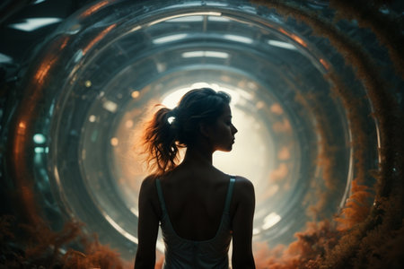 Beautiful young woman in a futuristic tunnel. 3d rendering.の素材