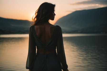 Beautiful young woman with long hair at sunset on the beach.の素材